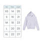 A size chart for a hoodie showing chest and length measurements from XS to XL, next to a light heather gray pullover hoodie on a white background.