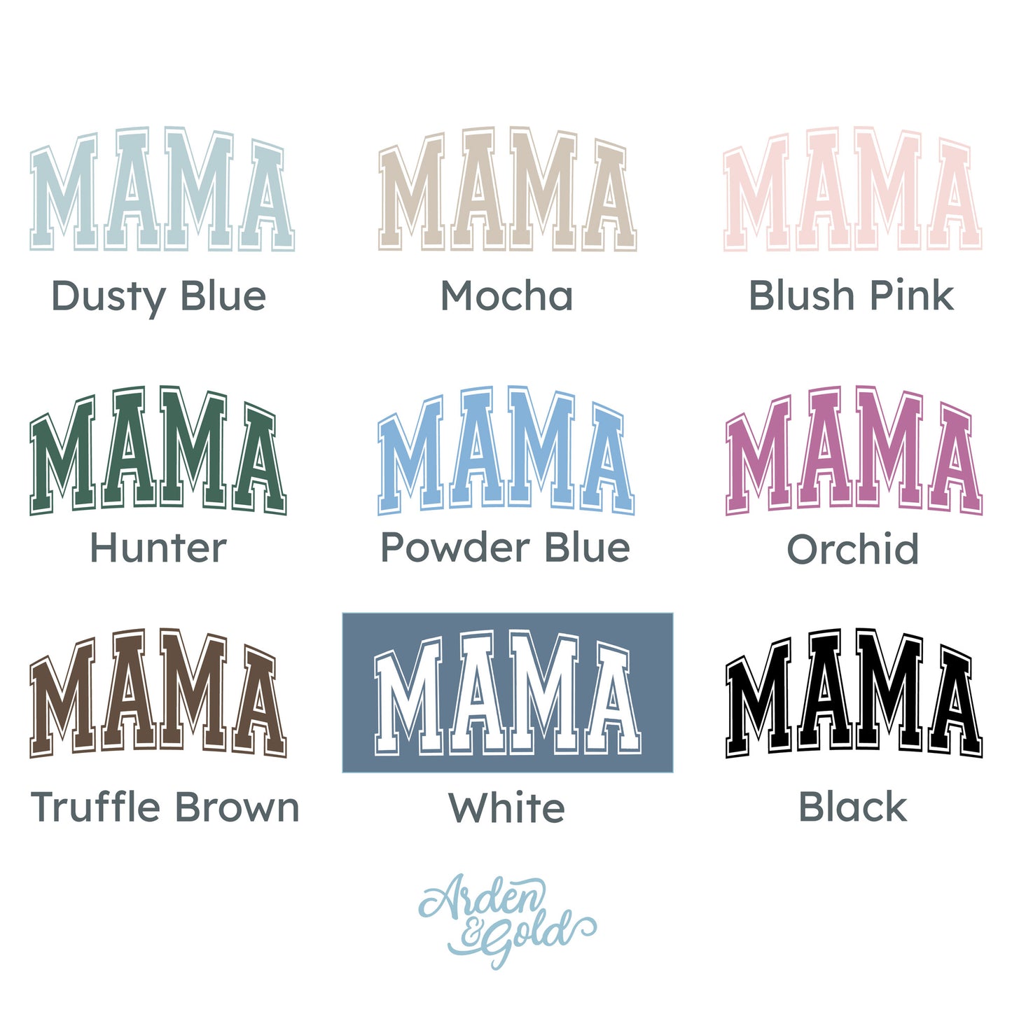 mama print color options: dusty blue, mocha, blush, hunter, powder blue, orchid, truffle brown, white, black