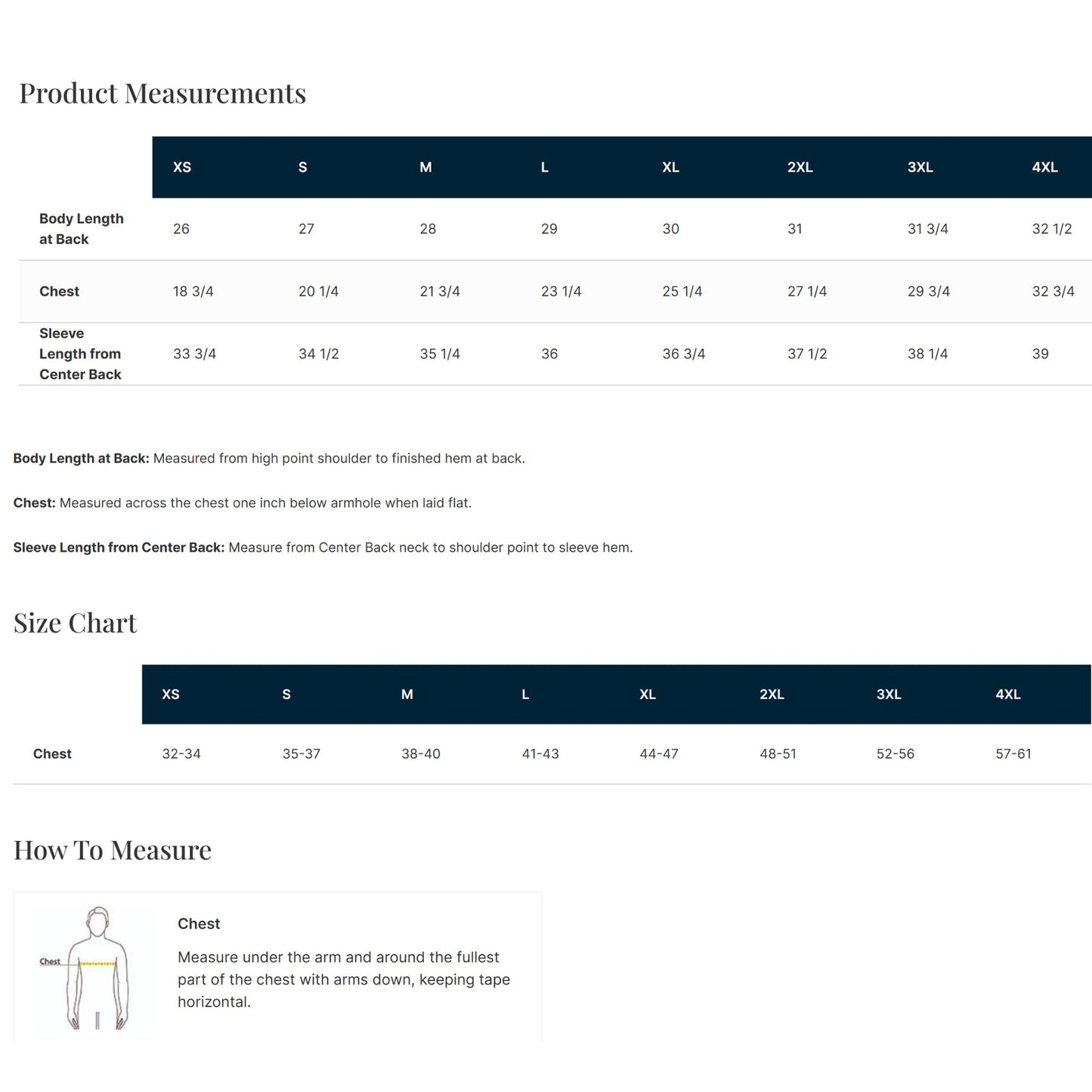Size chart for clothing measurements on a white background