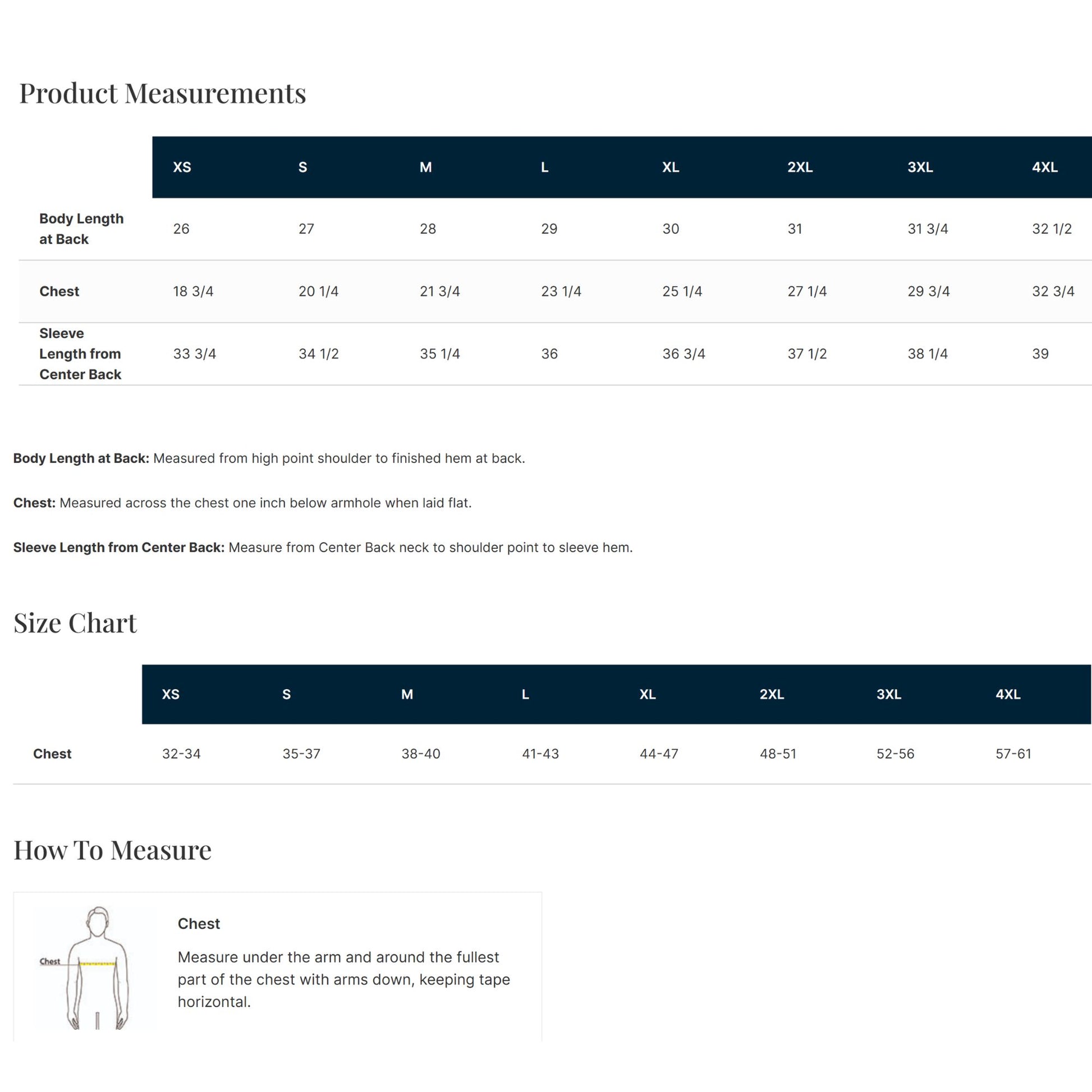 Size chart for clothing measurements on a white background