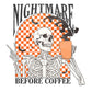 A funny, vintage, distressed skeleton drinking coffee with the text nightmare before coffee print