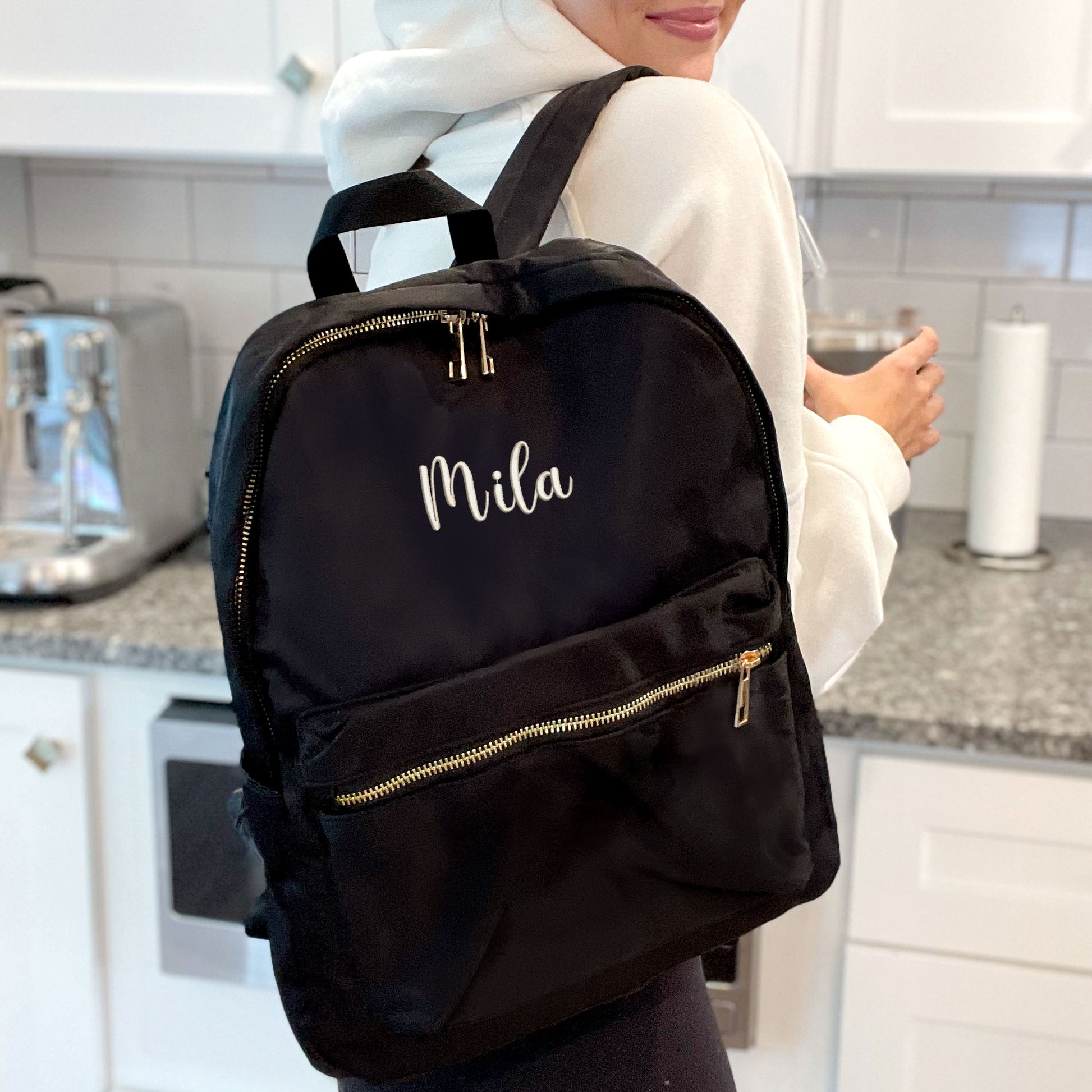 black nylon backpack with custom monogrammed name 