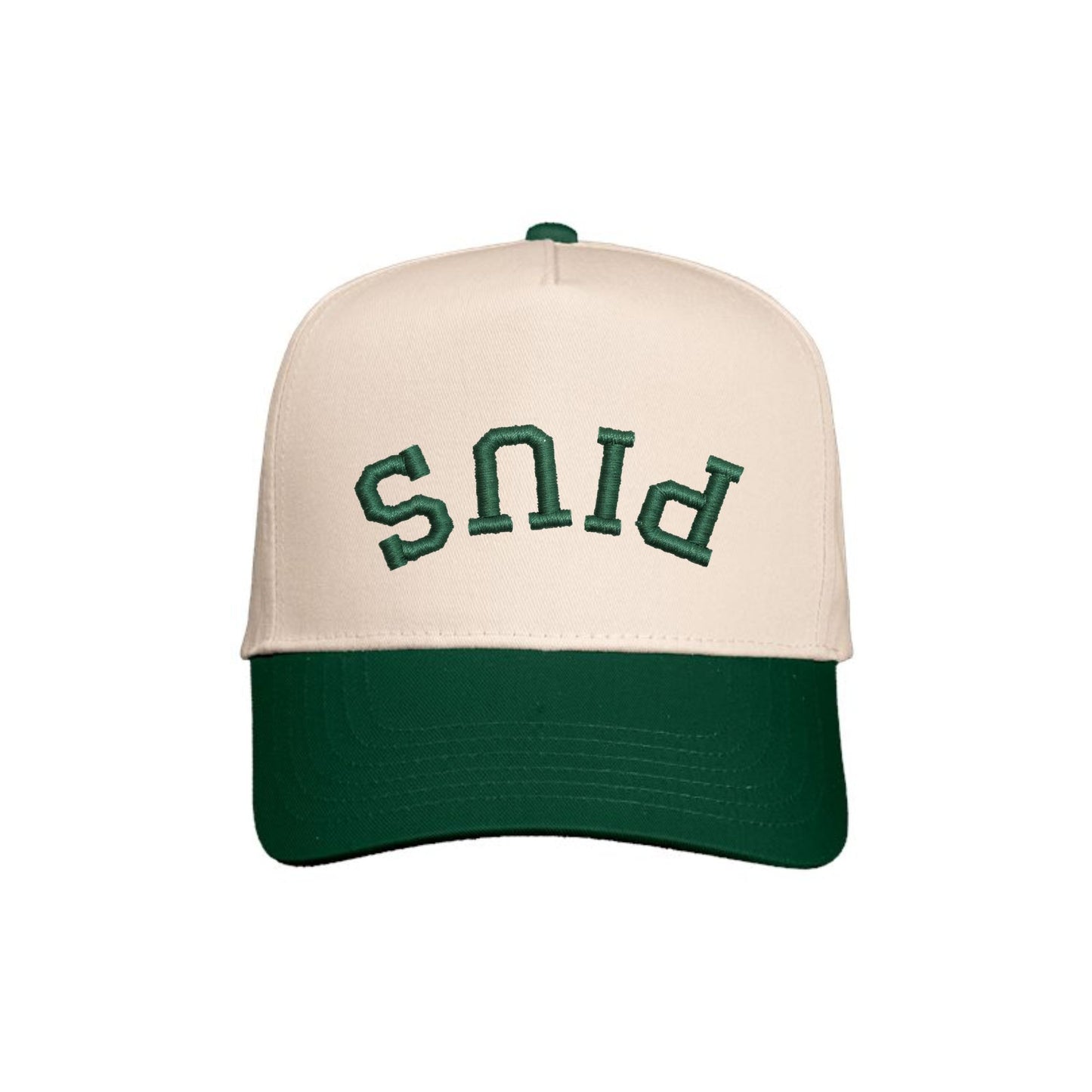Beige and green cap with 'PIUS' text on a white background