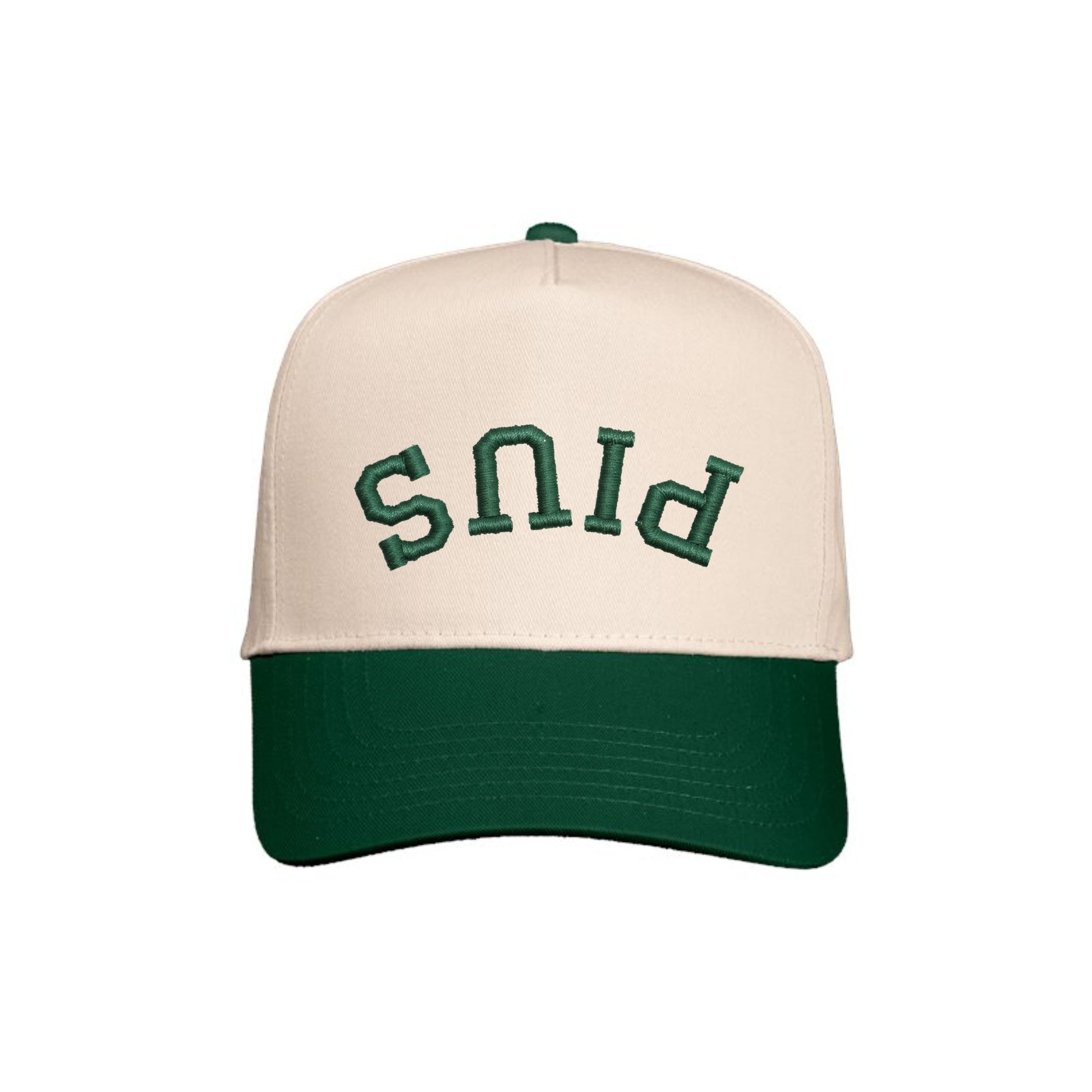 Beige and green cap with 'PIUS' text on a white background