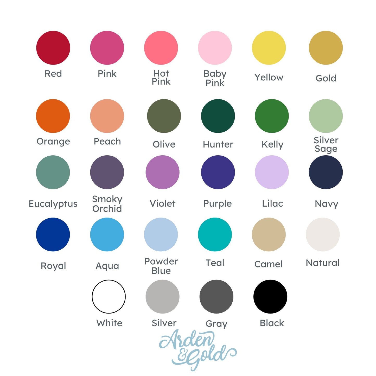 Color swatches with labels and Arden & Gold branding