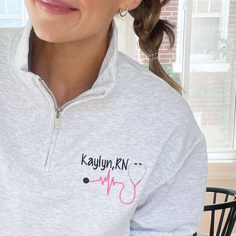 Personalized Nurse Jessie Quarter Zip Pullover with Heartbeat Stethoscope
