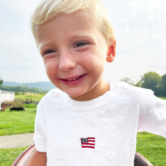 little boy wearing a white comfort colors tee with a mini american flag embroidered design