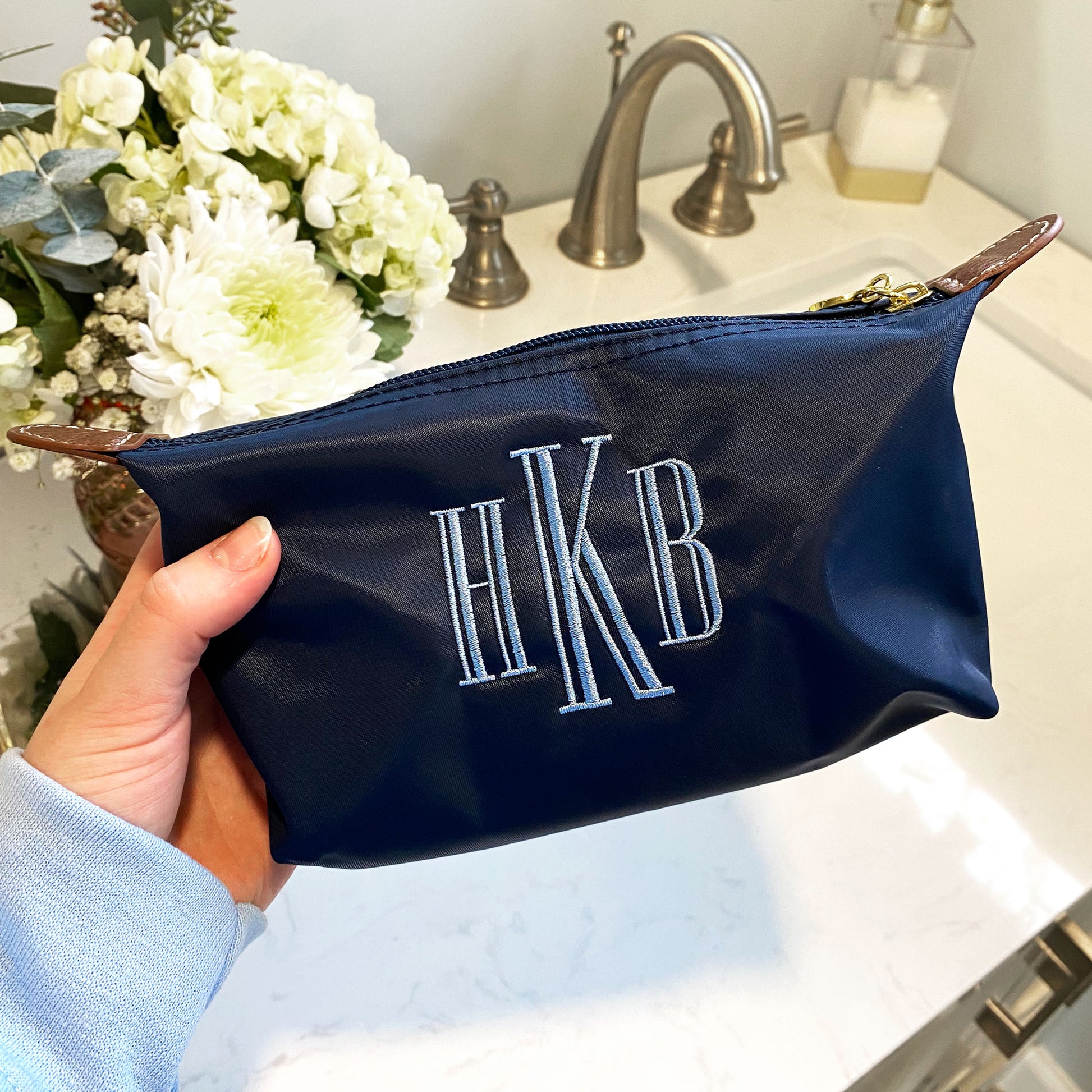 hkb embroidered nylon navy makeup pouch