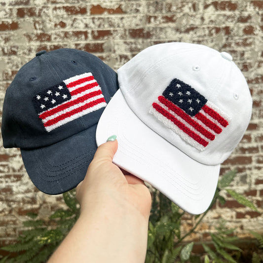 navy and white baseball cap with usa chenille flag patch