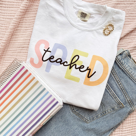 cute teacher tee with a SPED teacher design printed on the front center