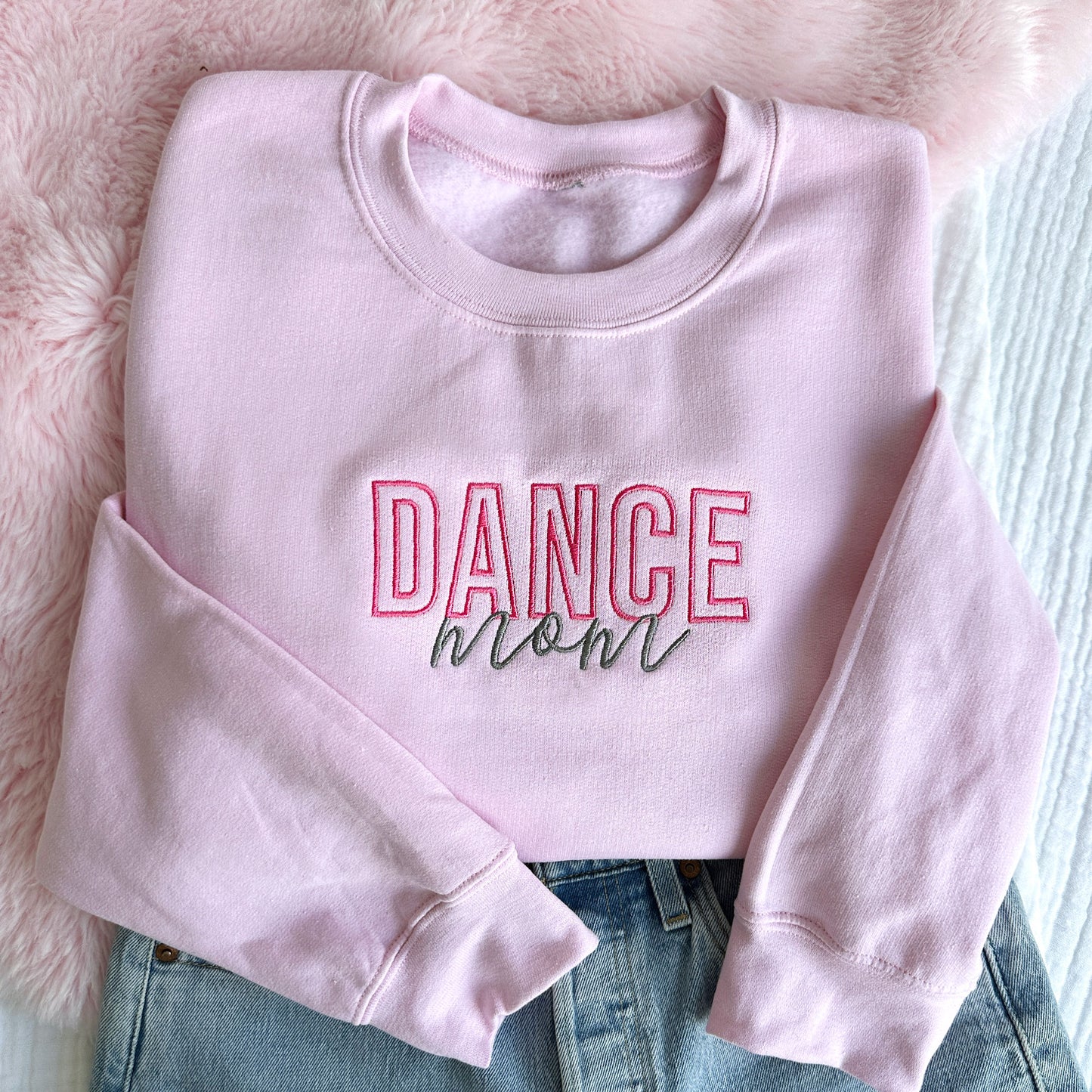 Light Pink crewneck sweatshirt with embroidered dance mom design in pink and grey threads