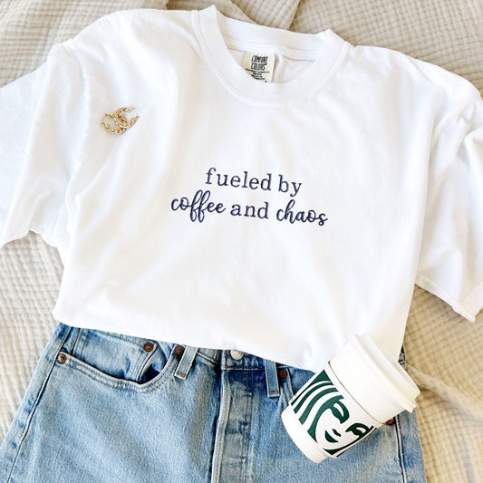 white comfort colors t-shirt with a fueled by coffee embroidered design