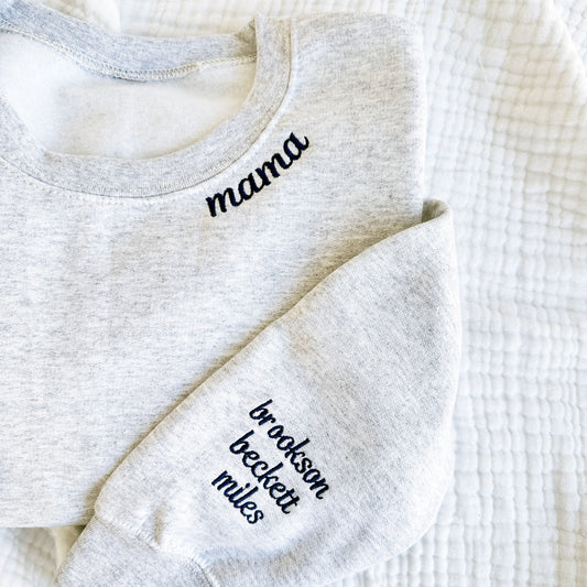 ash crewneck pullover with custom mama neckline embroidery and kids name cuff embroidery