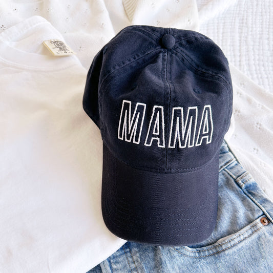 outfit for a mom featuring featuring a navy baseball cap with a custom open block embroidered design