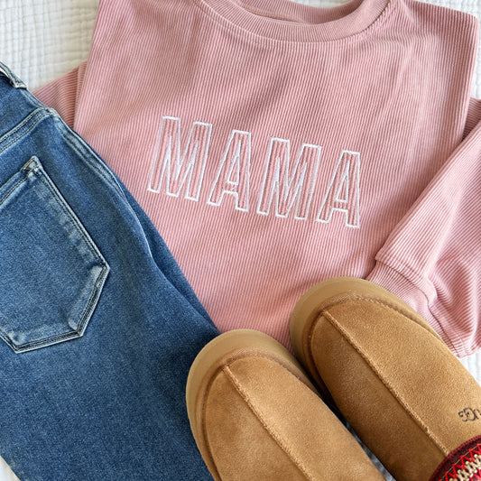 pink corduroy crew with an open block MAMA embroidered design