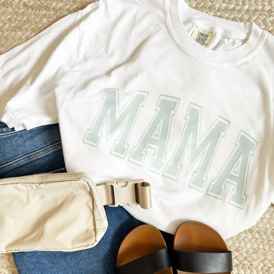 outfit layout featuring jeans, crossbody bag, sandals, and a white comfort colors tee with a dusty blue mama print
