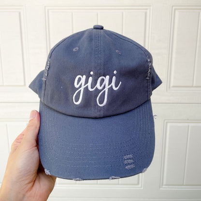 scotland blue distressed baseball hat with custom gigi embroidered design