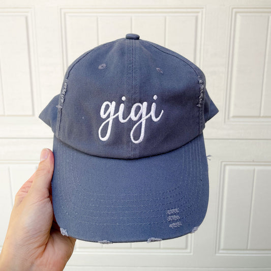scotland blue distressed baseball hat with custom gigi embroidered design