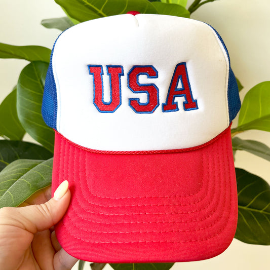 red, white, and blue embroidered usa trucker hat