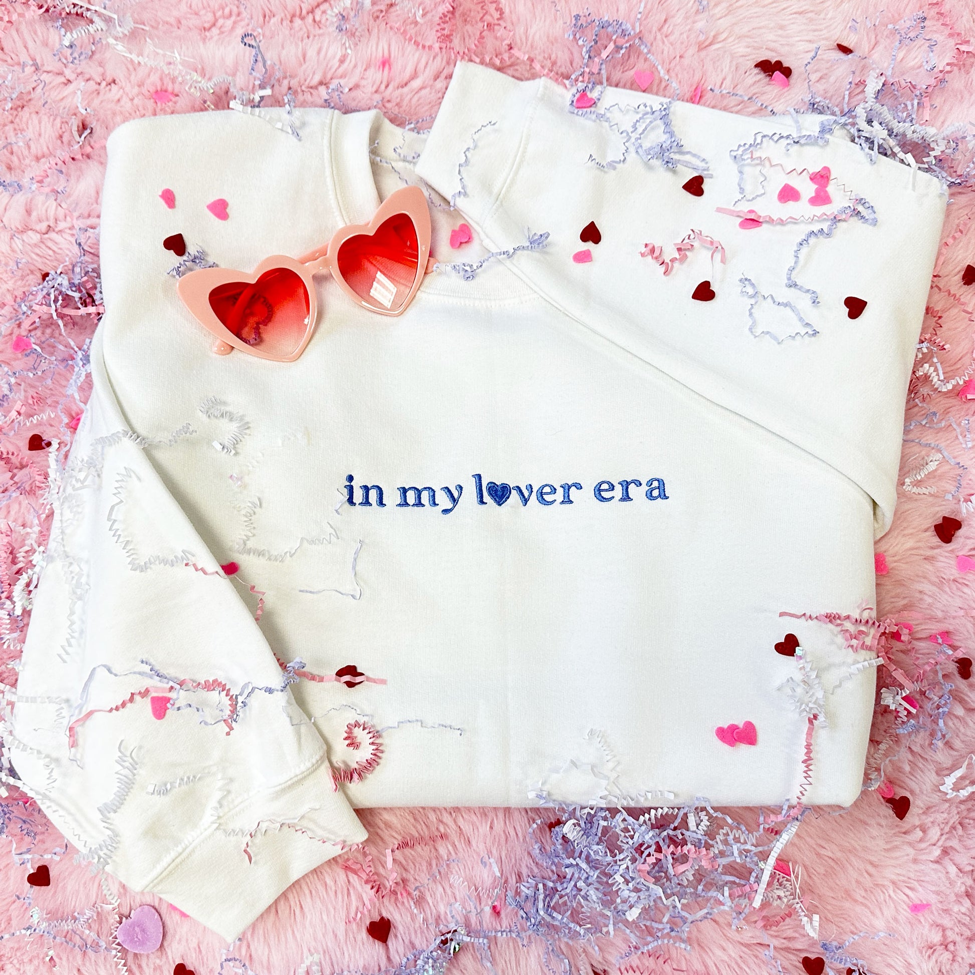 WHITE SWEATSHIRT WITH IN  MY LOVER ERA DESIGN EMBROIDERED ACROSS THE CHEST