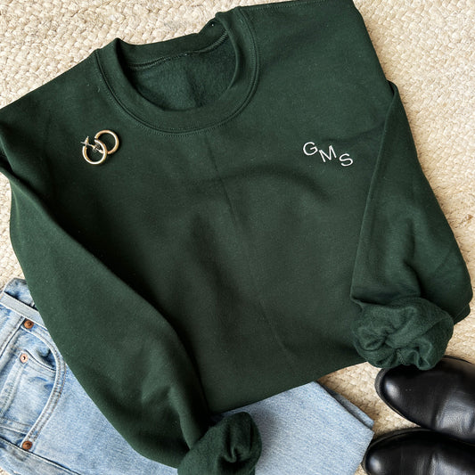 flat lay image of an outfit featuring blue jeans, boots, forest green crewneck sweatshirt with a custom embroidered three letter monogram