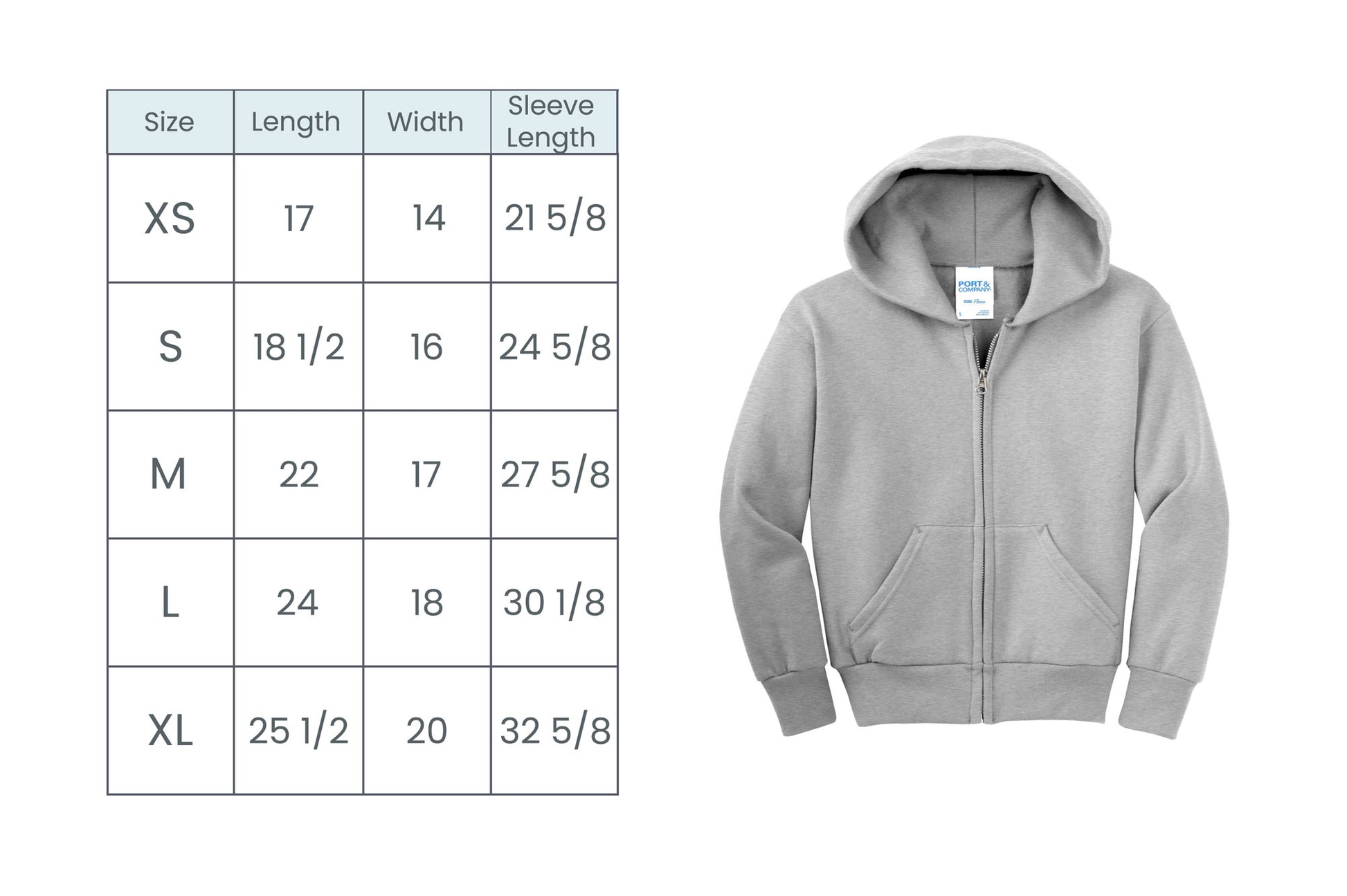 youth full zip size chart