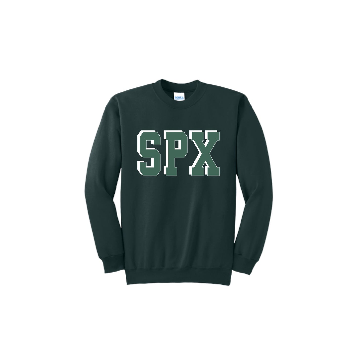 Dark green sweatshirt with 'SPX' printed on a white background
