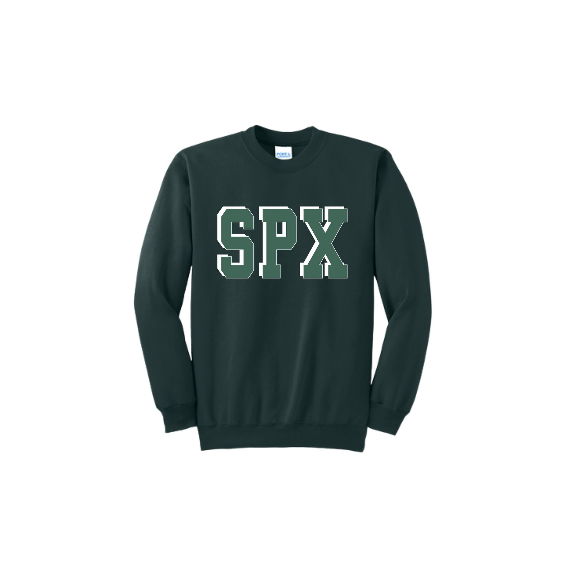 Dark green sweatshirt with 'SPX' printed on a white background