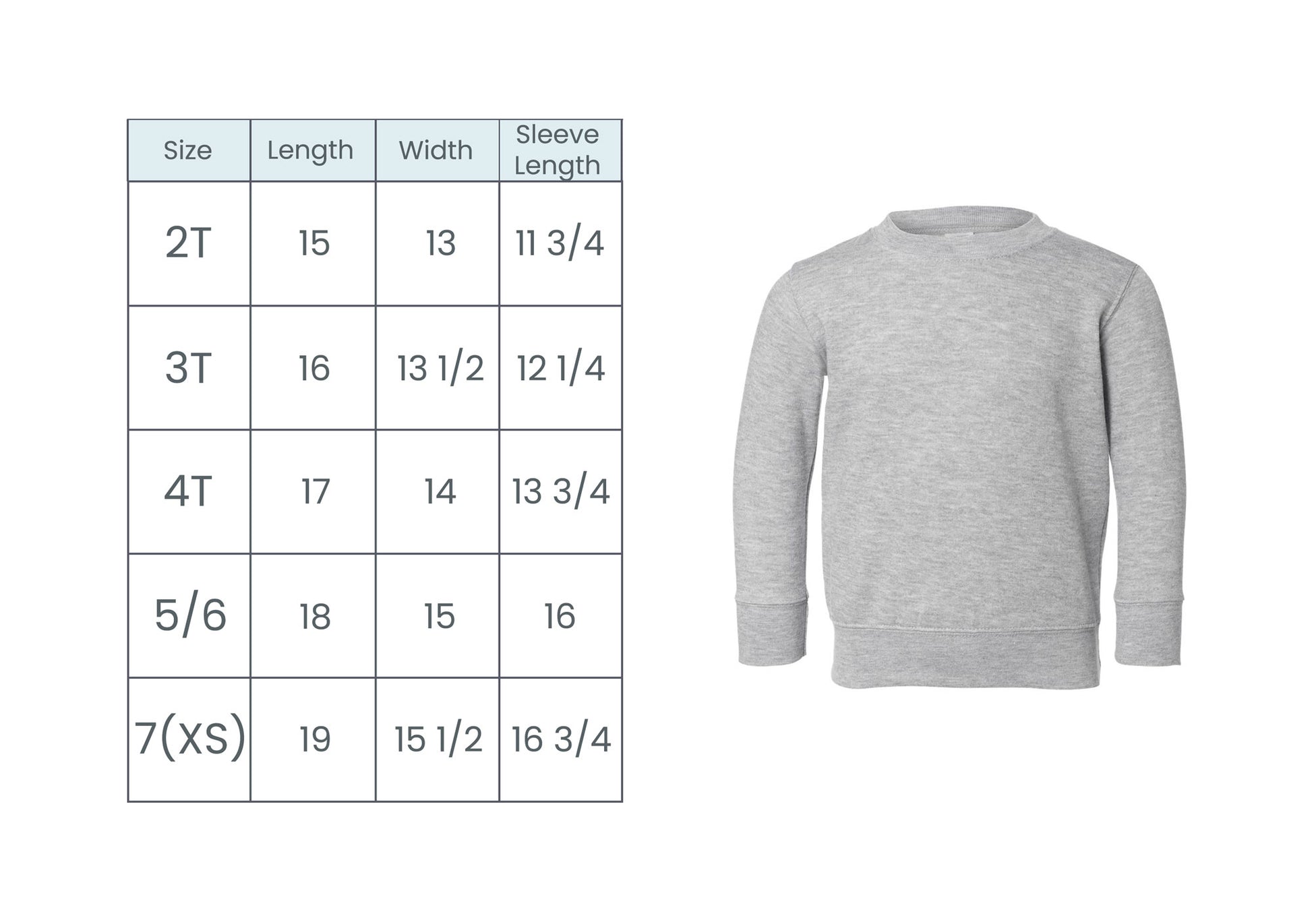toddler crewneck sweatshirt size chart