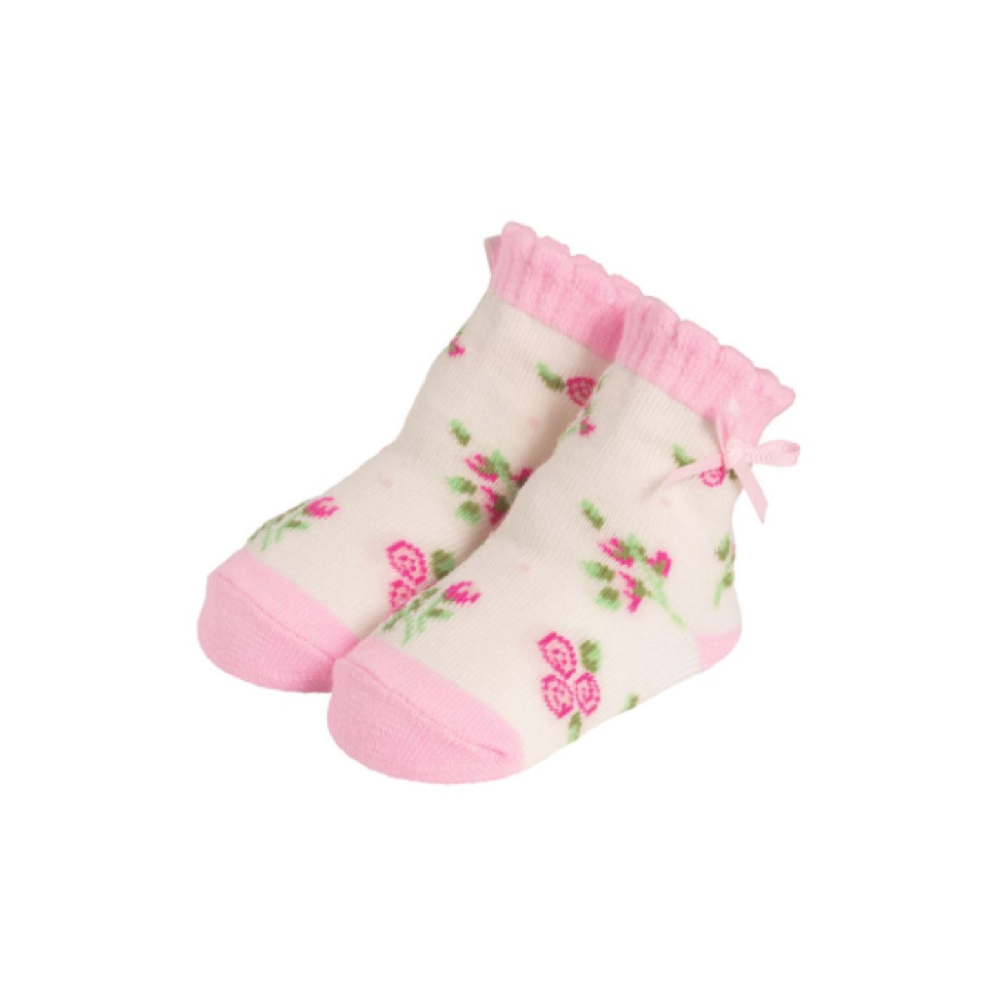 Floral-patterned socks with pink accents on a white background