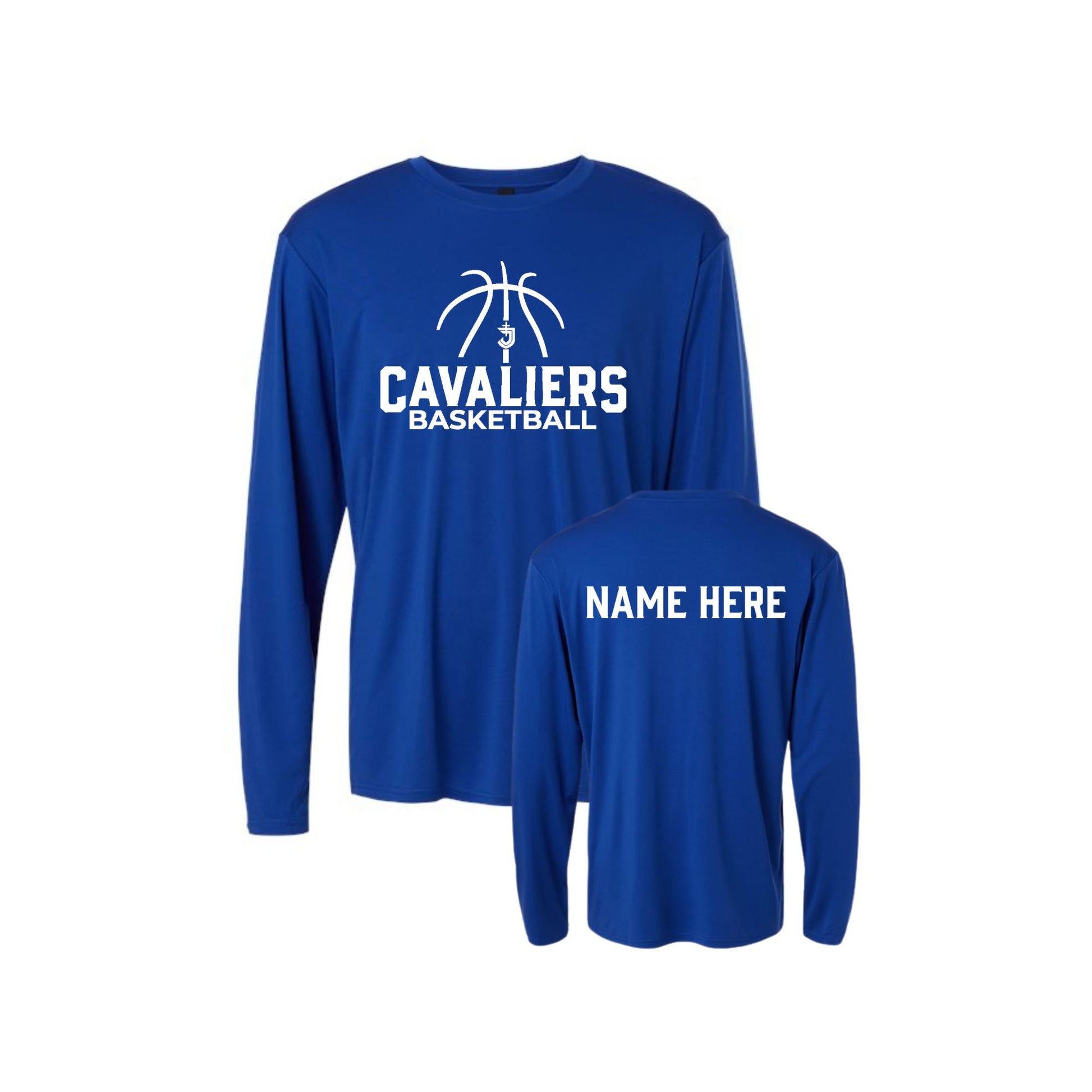 royal blue long sleeve performance shirt with cavaliers basketball and custom name text on the back