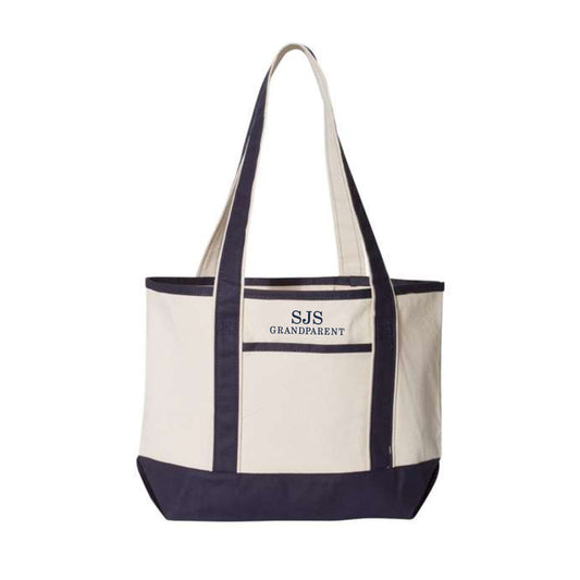 navy trim canvas tote bag with custom sjs grandparent embroidered along the top front pocket