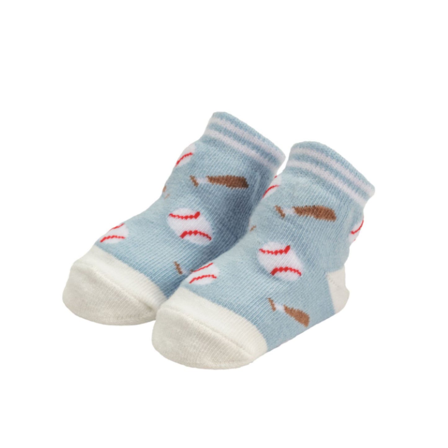 Pair of baby socks with baseball pattern on a white background