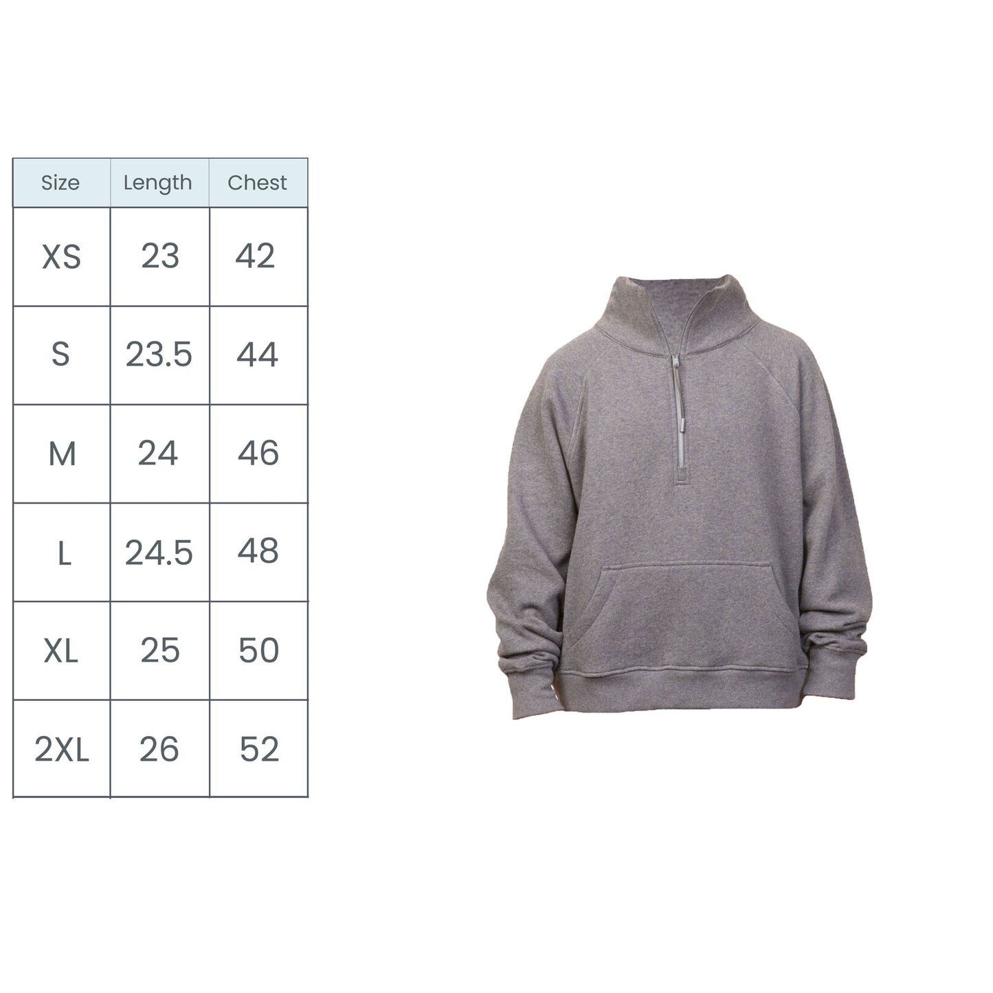 ladies boxy quarter zip size chart