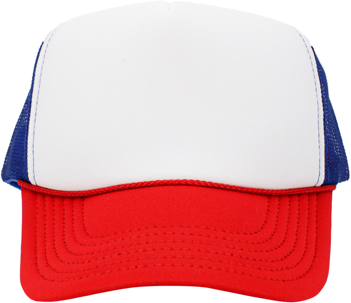 red, white and blue trucker hat