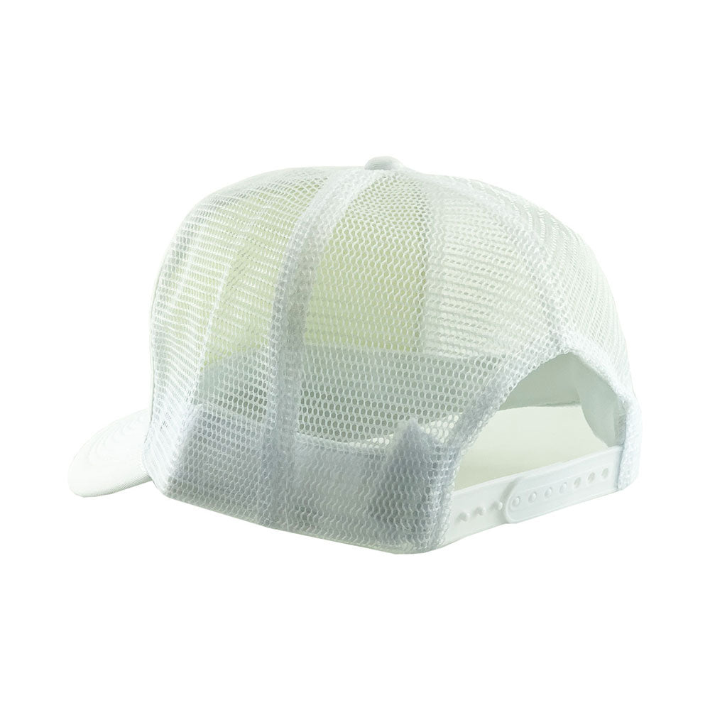 Back view image of a white trucker hat with snap back adjustable strap