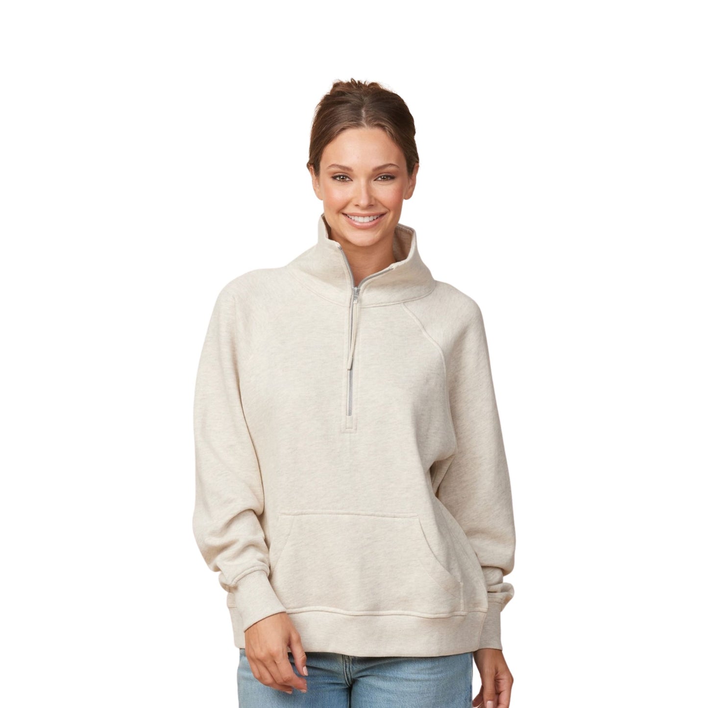 Woman wearing a beige half-zip sweatshirt on a white background