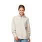 Woman wearing a beige half-zip sweatshirt on a white background