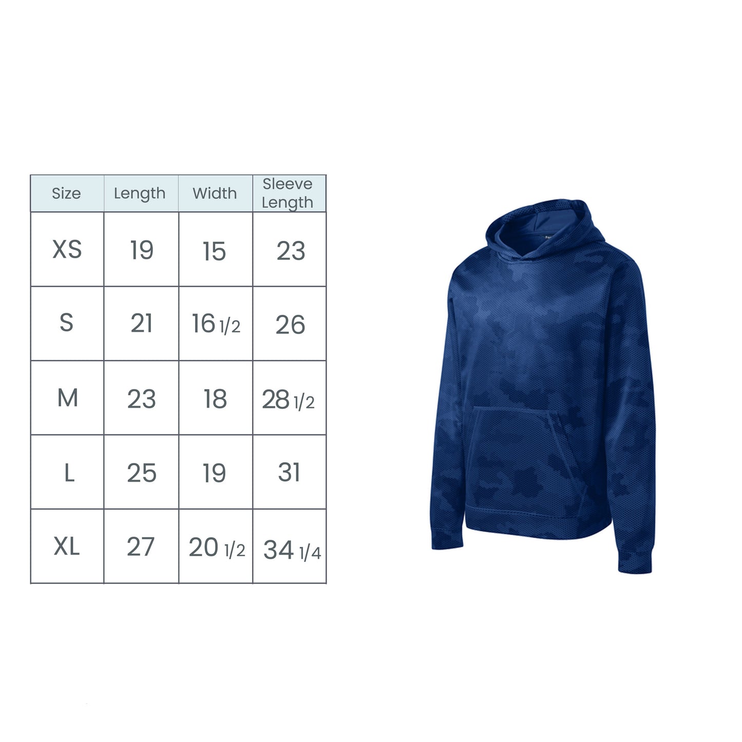 youth hexcamo hoodie size chart