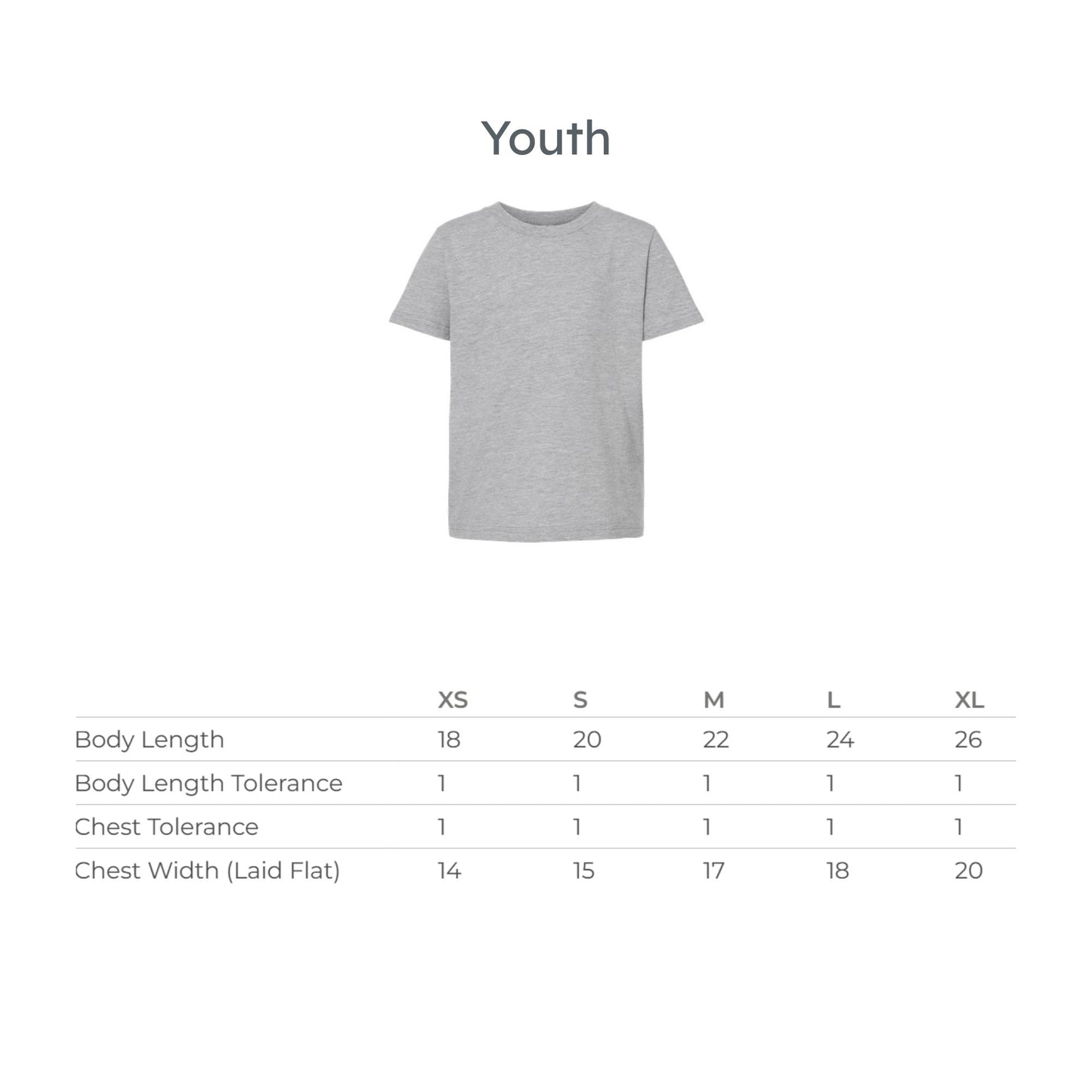 A size chart for a youth short-sleeve T-shirt, showing a light gray shirt graphic above a table with body length, body length tolerance, and chest width measurements for sizes XS through XL.