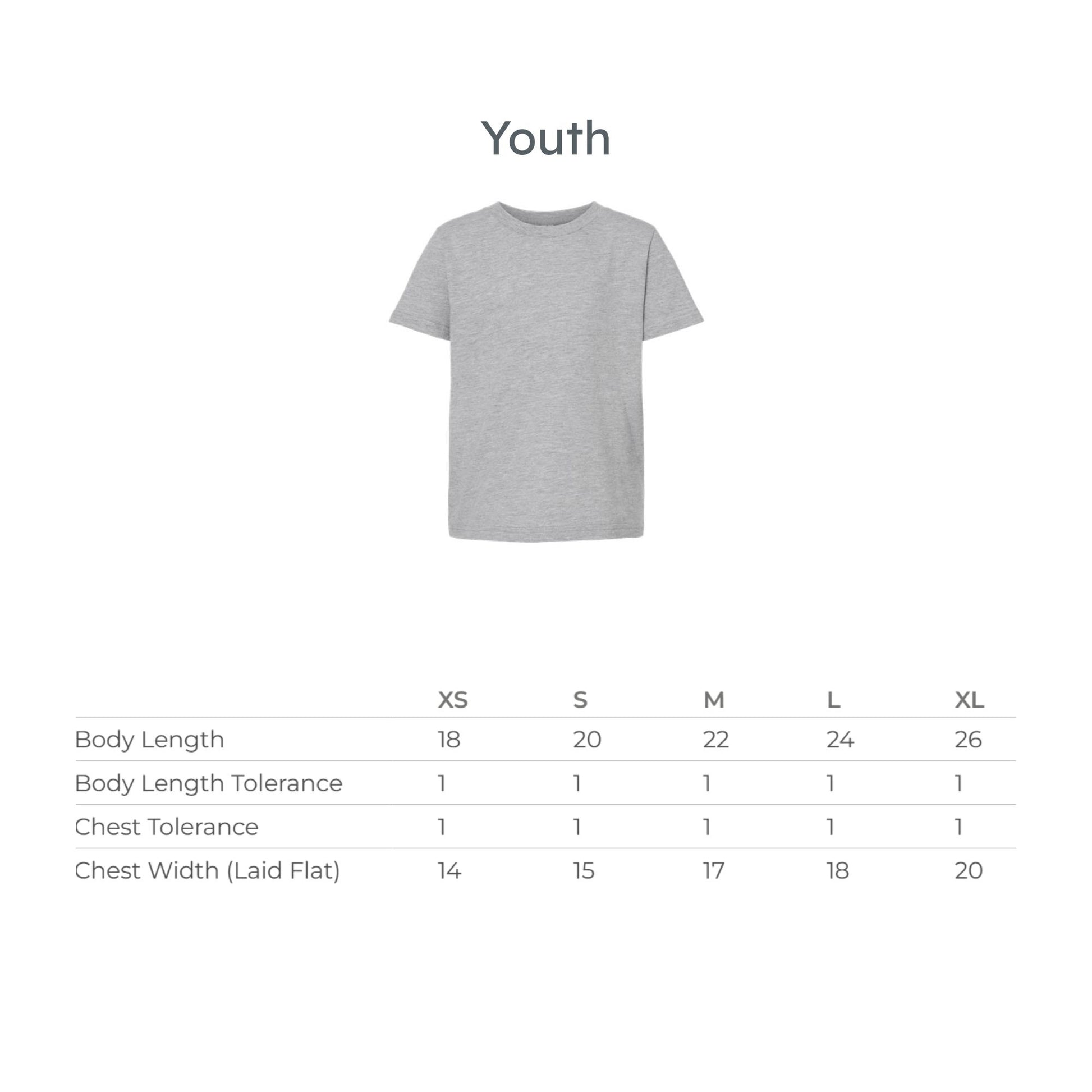 A size chart for a youth short-sleeve T-shirt, showing a light gray shirt graphic above a table with body length, body length tolerance, and chest width measurements for sizes XS through XL.