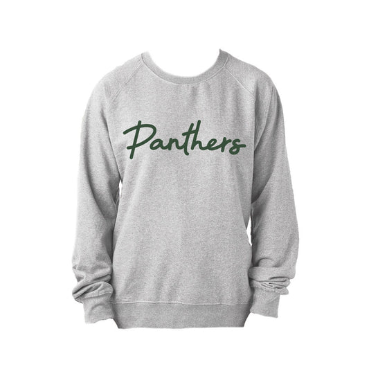 athletic heather crewneck with panthers printed in a script font across the chest