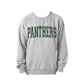 athletic heather with panthers printed across the chest in a varsity block font 