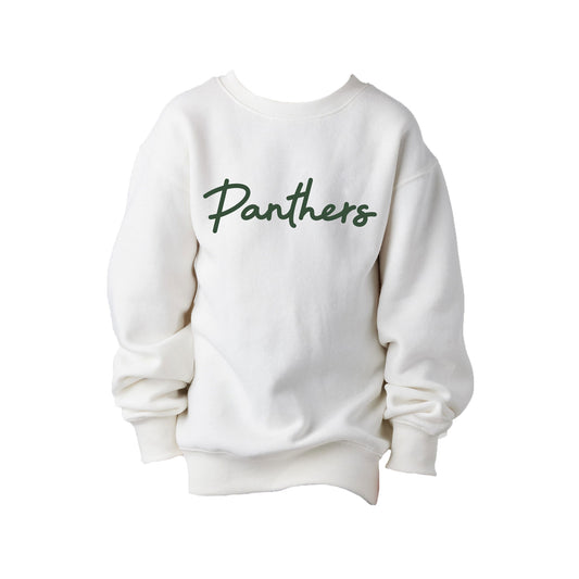 white sweatshirt with panthers printed across the chest in a script font