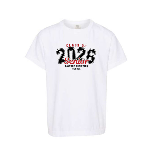 white comfort colors t-shirt with class of 2026 senior calvary christian school printed on the front center
