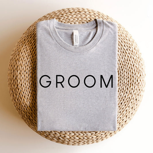 athletic heather bella and canvas t-shirt with a simple and modern GROOM print across the chest