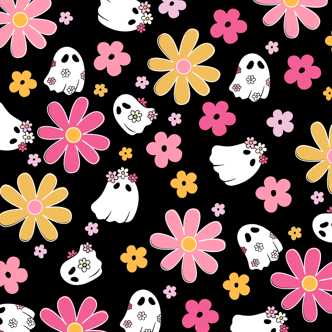 pattern featuring a black background, pink and yellow daisies, and floral ghosts