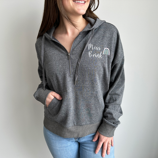 Customizable Ladies Tri-Fleece Hooded Pullover for Teachers with Rainbow Design