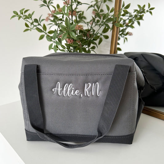 grey lunch cooler with embroidered name