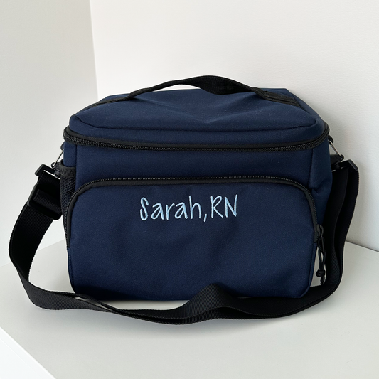 navy cooler with embroidered name and credentials